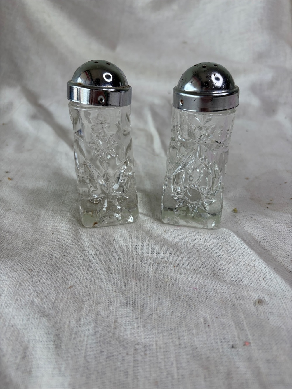 Vintage Pressed Glass Salt and Pepper Shakers with Chrome Tops